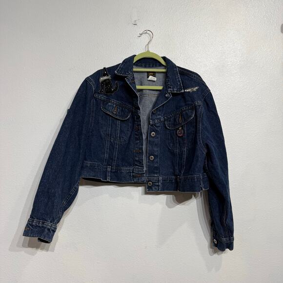 Lee Blue Denim I Heart Texas  Patch Vintage Jean Jacket Sz L - Picture 2 of 13